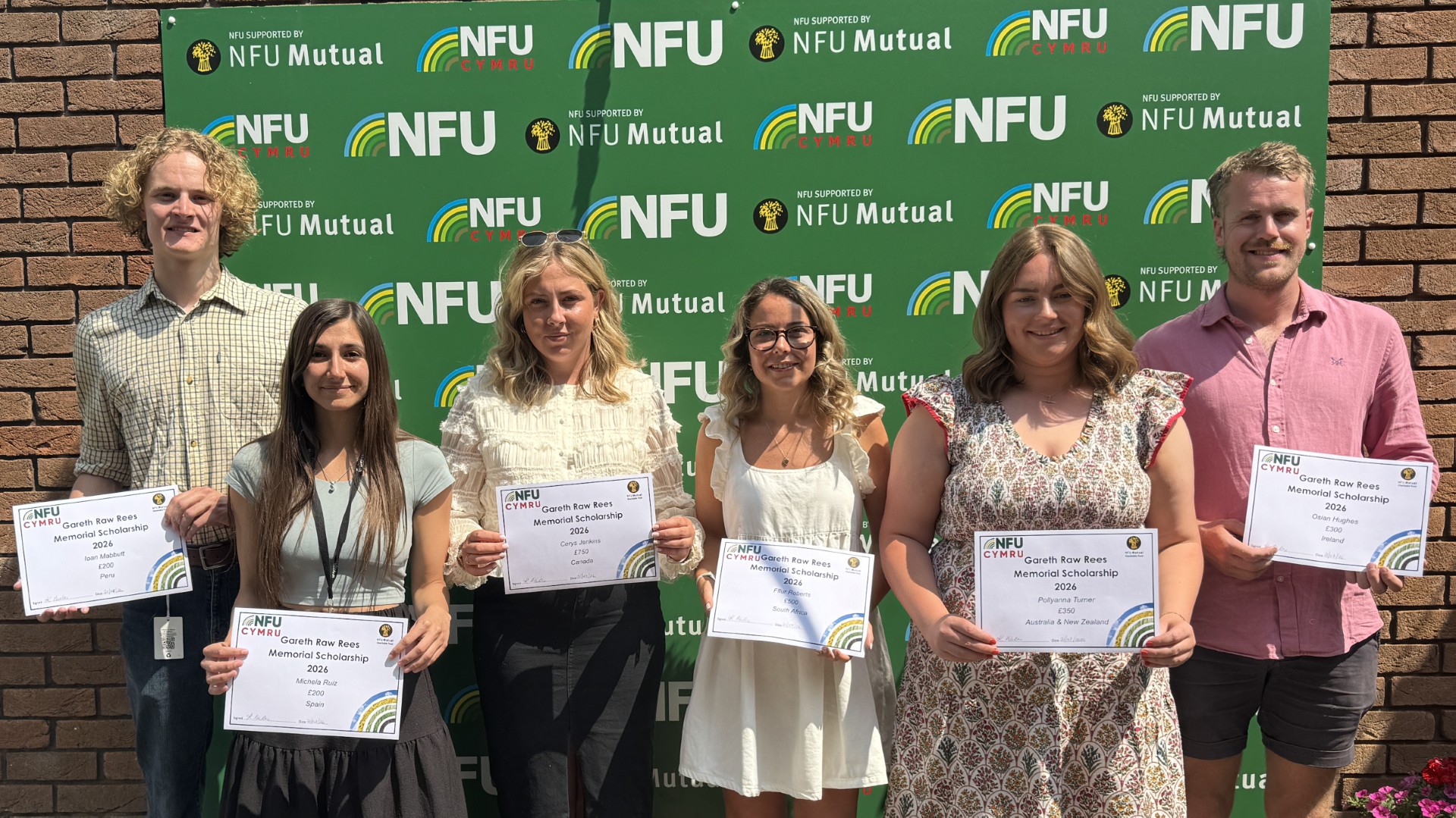 (L-R) Ioan Mabbutt, Michaela Ruiz, Cerys Jenkins, Fflur Roberts, Pollyanna Turner and Osian Hughes
