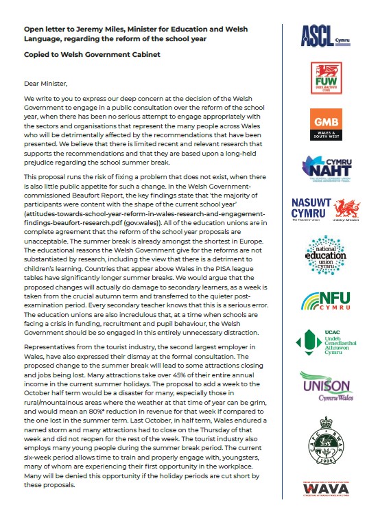 Reform Of School Year Joint Unions Letter