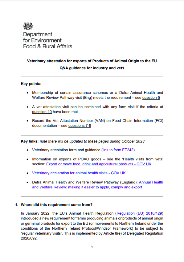 Defra Q&A Vet Attestations For POAO Exports To The EU